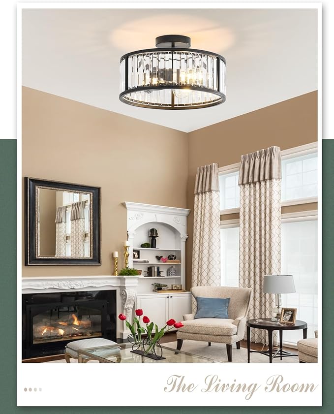 Black Flush Mount Ceiling Light, 2- Light Caged Crystal Chandelier, Small Drum Hallway Light fixtures Ceiling Mount (14 INCH Black)