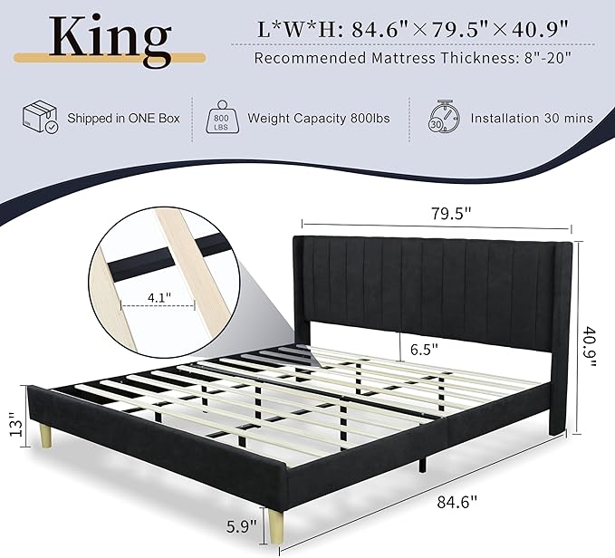 King Size Upholstered Platform Bed Frame with Modern Wingback & Vertical Panel Headboard, Linen Fabric, Wooden Legs & Slats Support, No Box Spring Needed, Noise-Free & Easy Assembly, Black