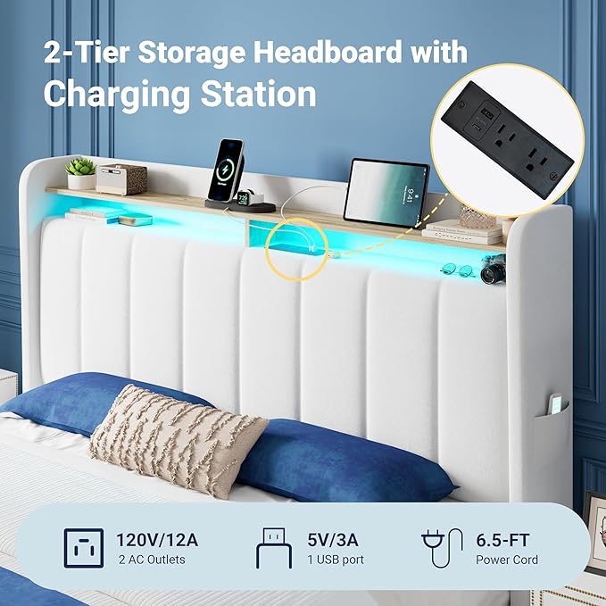Allewie Velvet Vertical Tufted Full Size Upholstered Platform Bed Frame with 2-Tier LED Storage Headboard & 2 Storage Drawers, USB & Type-C Charging Ports, Noise-Free/No Box Spring Needed, White