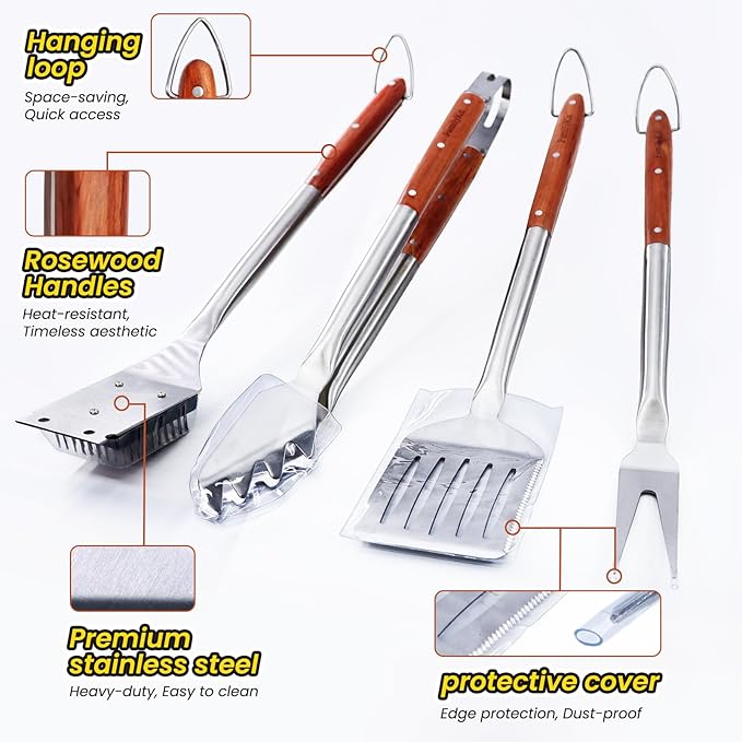 Grilling Accessories - 4Pcs Rose Wooden BBQ Grilling Tools Set, Heavy Duty Stainless Steel Barbecue Grill Tools Kit with Spatula, Clips, Brushes, Forks for Outdoor Grill, BBQ Gift for Men and Women