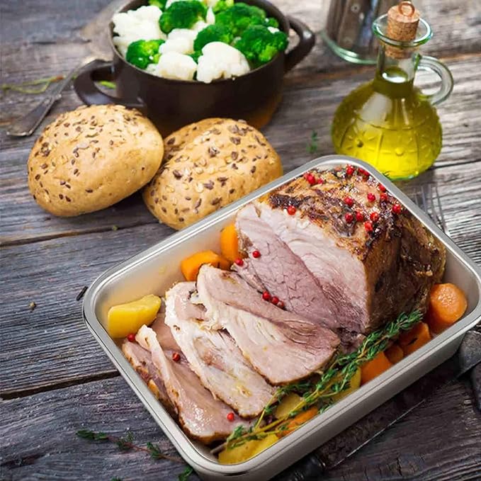 TeamFar Lasagna Pan, 10.5 x 8 x 1.7 inch Stainless Steel Rectangle Cake Pan Brownie Pan Set for Roasting Baking, Non Toxic & Healthy, Oven & Dishwasher Safe, Brushed Surface & Wider Edge - Set of 2