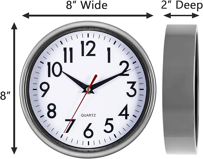 Bernhard Products Silver Wall Clock 8" Silent Non-Ticking Quality Quartz Battery Operated Clock for Home Kitchen Bedroom Bathroom Classroom Nursery Room Easy to Read