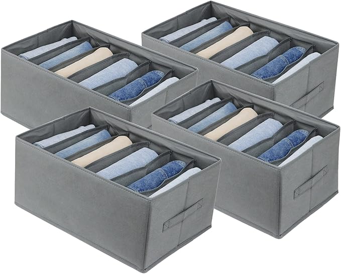 Extra Large Clothes Closet Organizer 6 Compartments for Jean Sweater Sheets to Shirt - Divided Clothing Storage Boxes for Closet, Wordrobe, Bedroom, Shelf (4pc Gray)