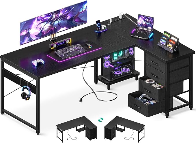 ODK 61'' L Shaped Desk with 4 Drawers, Reversible Corner Desk with Storage, Gaming Table with Power Outlets, USB Ports, PC Case Shelf, Computer Desk for Home Office, Study, Easy Assembly, Black