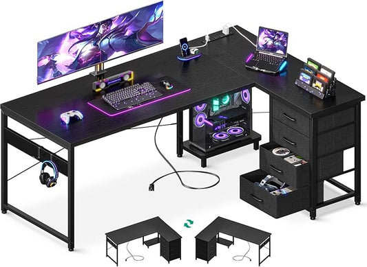 ODK 61'' L Shaped Desk with 4 Drawers, Reversible Corner Desk with Storage, Gaming Table with Power Outlets, USB Ports, PC Case Shelf, Computer Desk for Home Office, Study, Easy Assembly, Black