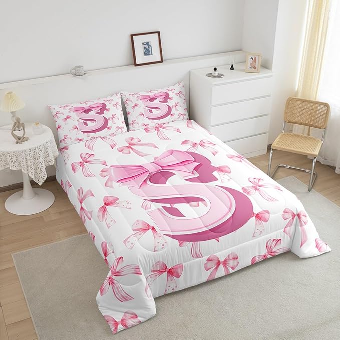 jejeloiu Kids Girls Cute Pink Bow Comforter Set Toddler Size Monogrammed Bedding Set Ultra Soft Personalized Initial S Duvet Quilt Coquette Bow Knot Quilt Set Room Decor Modern Fashion Comforter