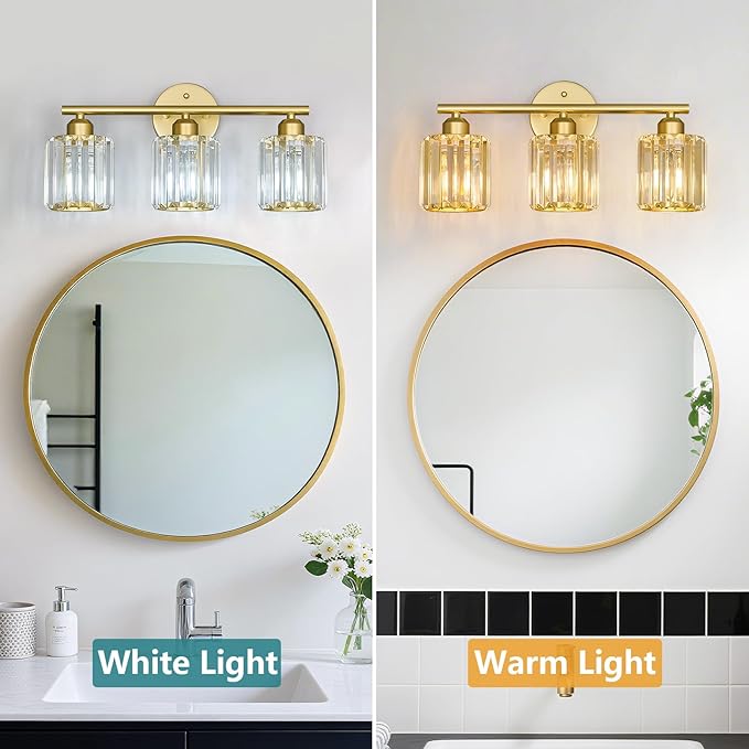 Modern 3 Light Crystal Vanity Light, Gold Vertical Bathroom Light Fixture Over Mirror for Dressing Table Sink, Compatible with Dimmable Bulbs (Bulbs Not Included)