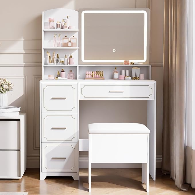 Vanity Table with LED Mirror & Power Outlet - 5 Open Shelves, 4 Drawers - Includes Padded Stool - Ideal Bedroom Makeup Dressing Table （White）