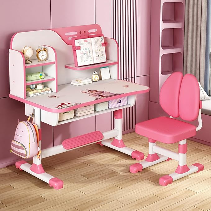 Kids Desk and Chair Set, Height Adjustable Kids Study Table and Chair Set, Children School Desk with Storage Drawer and Book Stand, Ergonomic Child Toddler Deskwith Sitting Posture Corrector (Pink 3)