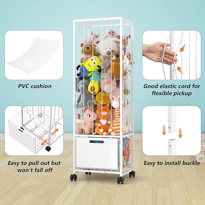 Bukfen Metal Stuffed Animal Storage Zoo Extra Large Stuffed Animal Holder Space Save Toy Organizer PVC with Basket and Wheels for Nursery Playroom Bedroom,D15.75 x W12.68 x H51.18 inch,White