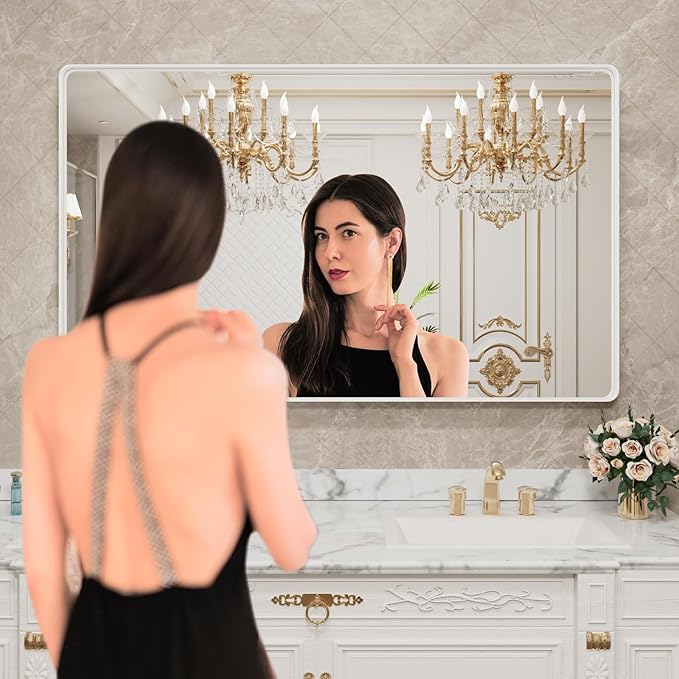 LOAAO 60x28 Inch White Metal Framed Bathroom Mirror for Wall, White Bathroom Vanity Mirror Farmhouse, Large Rounded Rectangle Mirror, Anti-Rust, Tempered Glass, Hangs Horizontally or Vertically