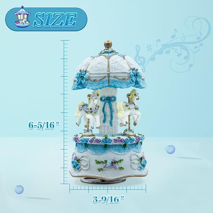 Carousel Music Box，Luxury Color Change LED Light Music Box,Luminous Rotating 3-Horse Musical Box with Gift Box for Girls Birthday Valentine Gift (You are My Sunshine, Blue)