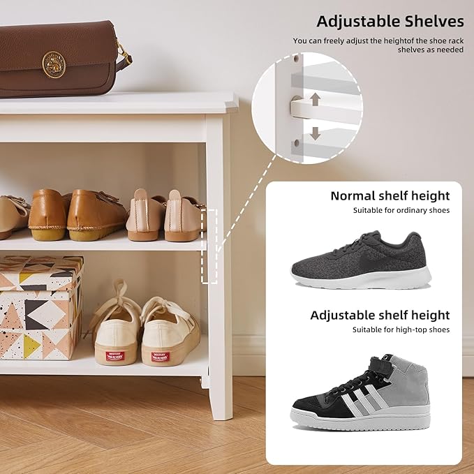 Wooden Shoe Bench, 3 Tier Organizer Entryway Bench Height Adjustable, Shoe Bench for Mudroom White YD-WD05W