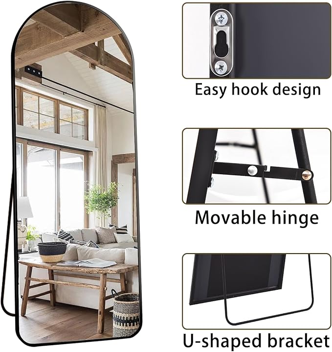 OGCAU Full Length Mirror, Arched Floor Mirror Full Length, 65"x22" Arch-Top Freestanding Body Mirror, Rounded Coner Large Wall Mirror with Aluminum Alloy Frame, Hanging or Leaning for Bedroom (Black)