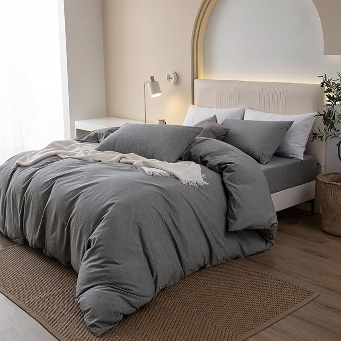 JIYUAN 100% Washed Cotton Duvet Cover Set 3 PCS Oversized King Plus, 1 Duvet Cover 128"x120"(Comforter Not Included) and 2 Pillowcases,Linen Feel Bedding Set Comfy and Breathable,Heathered Dark Grey