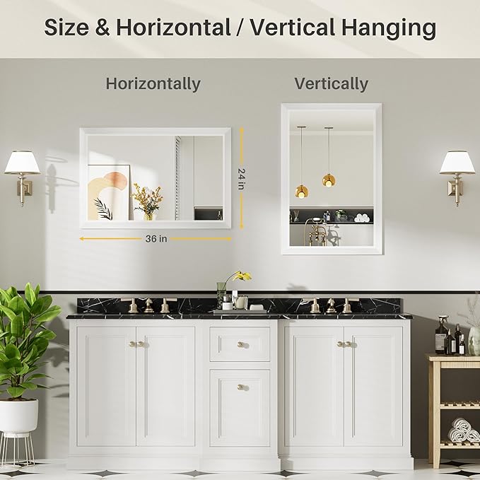 24x36 Inch White Bathroom Mirror for Wall, Thick Metal Framed Rectangle Mirrors for Over Sink, Bedroom, Living Room, Entryway, Anti-Rust, HD Tempered Glass