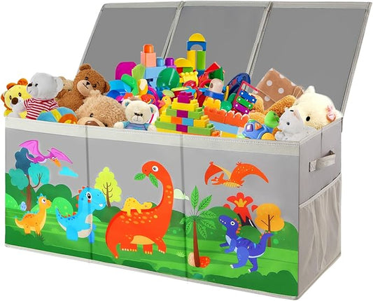 Extra Large Toy Box Chest with Lids, Collapsible Toy Storage Organizer for Kids, Dinosaur Toy Bin Box for Toddlers Boys Girls, Toy Organizer for Living Room Nursery Playroom Bedroom Home Grey