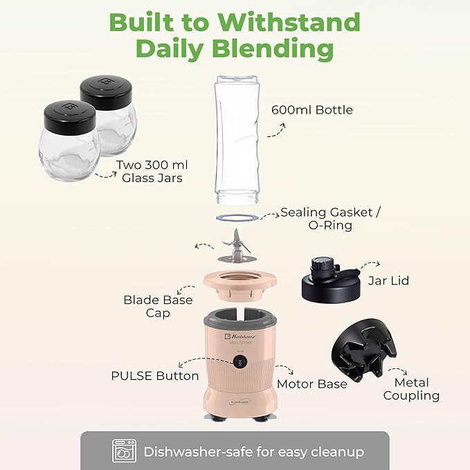 Koblenz Mix&Shake Blender, 20 oz Portable Blender, 600W Motor, Pulse, ON/OFF, Stainless Steel Blades, Shakes, Sauces, Smoothie Maker, (1) 20 oz To-Go Bottle, (2) 10 oz Glass Jars, Pink, MSKM-600 2PS
