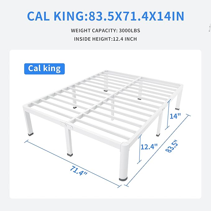MAF 14 Inch California King Metal Platform Bed Frame White with Round Corner Legs, 3000 LBS Heavy Duty Steel Slats Support, Noise Free, No Box Spring Needed, Easy Assembly
