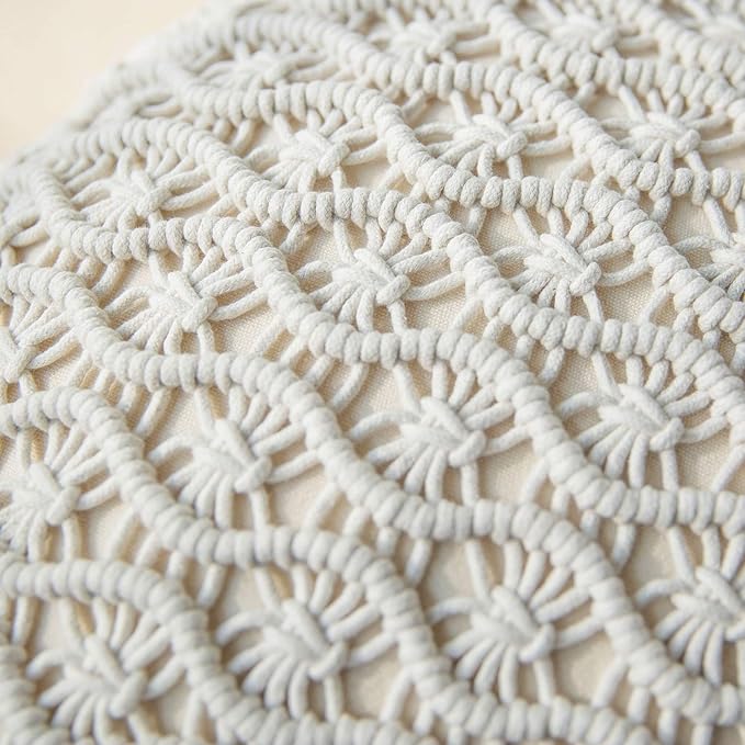 Phantoscope 100% Cotton Handmade Crochet Woven Boho Throw Pillow with Tassel Cute Farmhouse Pillow Insert Included Lumbar Small Decorative Cushion for Couch Sofa, Off White,16 inches Round