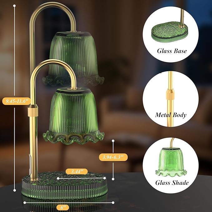 Candle Warmer Lamp with Adjustable Height - Flameless 4-Level Dimmable Wax Warmer, Timer Function & Stylish Design in Multiple Colors（Green）