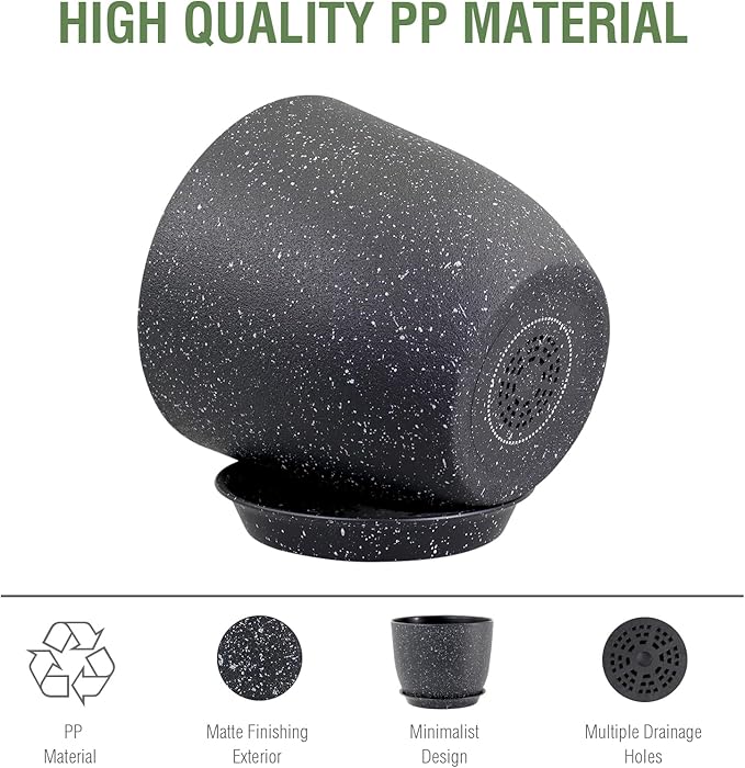 12 inch Big Plant Pots, Plastic Planters with Drainage Holes and Trays, Large Flower Pots for Indoor Outdoor Plants, Modern Decorative Pots for Garden House Plants, Speckled Black