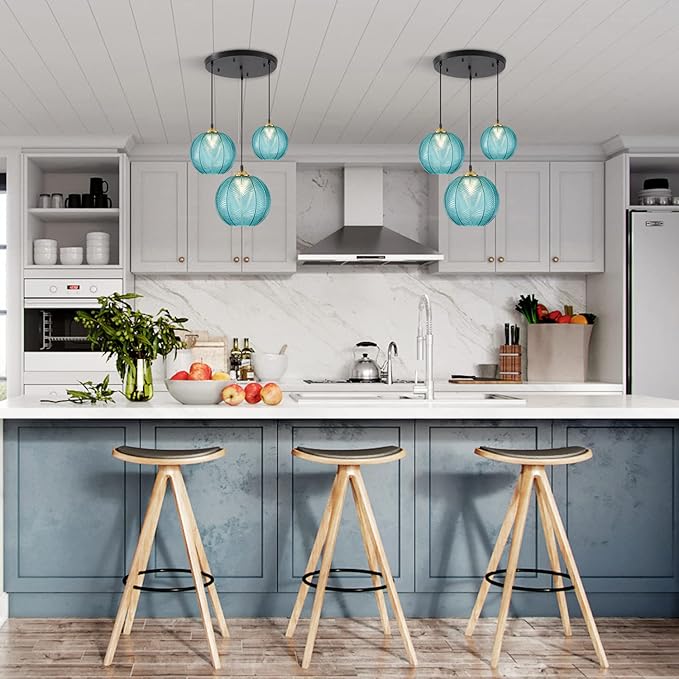 KCO Lighting Modern 3-Light Blue Striped Glass Pendant Light Fixture Nordic Glass Ball Cluster Chandelier Vintage Large Globe Pendant Lighting Mid-Century Black Island Light for Kitchen