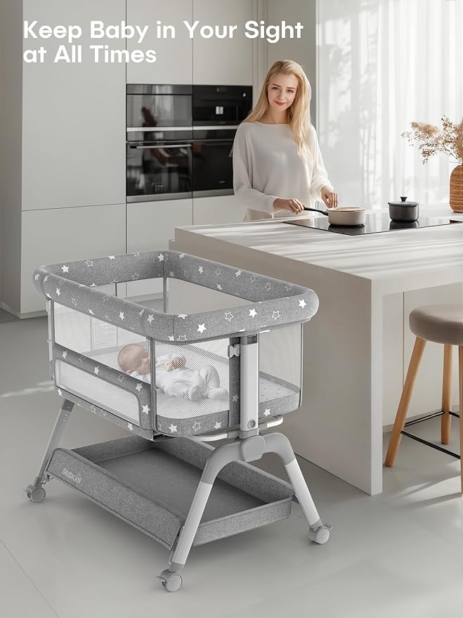 Bassinet Bedside Sleeper, Baby Crib with Mattress and Adjustable Height & Upgraded Wheels, All Mesh Portable Bassinet for Co-Sleeping, Baby Bed for Newborn