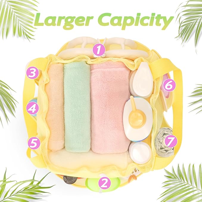 Mesh Shower Caddy Portable with Drawstring, Dorm Room Essentials for College Students Girls & Boys, Large Shower Bag for Camping,Swimming,Gym,Travel,Bathroom - Yellow