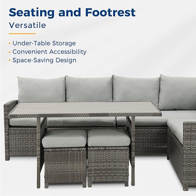 Wisteria Lane Patio Furniture Set, 7 Piece High Curved Back Outdoor Dining Sectional Sofa with Dining Table and Chair, All Weather Wicker Conversation Set with Ottoman, Grey