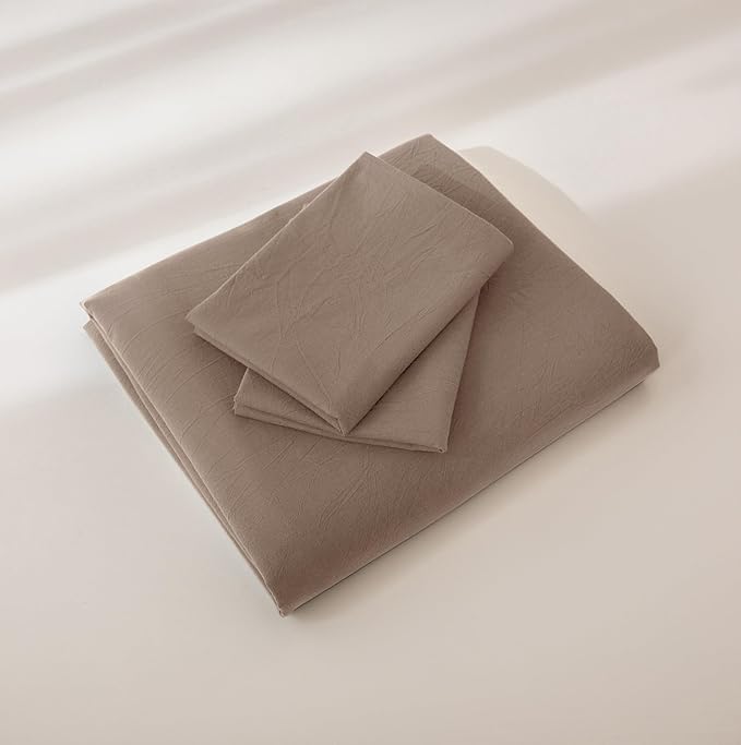 JIYUAN 100% Washed Cotton Duvet Cover Set 3 Pieces Full, 1 Duvet Cover 80x90 Inches(Comforter Not Included) and 2 Pillowcases,Linen Feel Bedding Set Comfy and Breathable,Light Brown