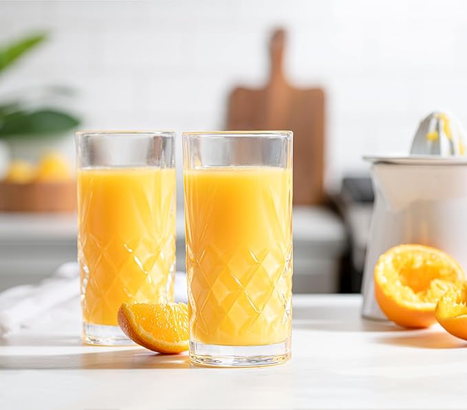 Royalty Art Kinsley Tall Highball Glasses Set of 4, 12 Ounce Cups, Textured Designer Glassware for Drinking Water, Beer, or Soda, Trendy and Elegant Dishware, Dishwasher Safe (Hiball Set Of 4)