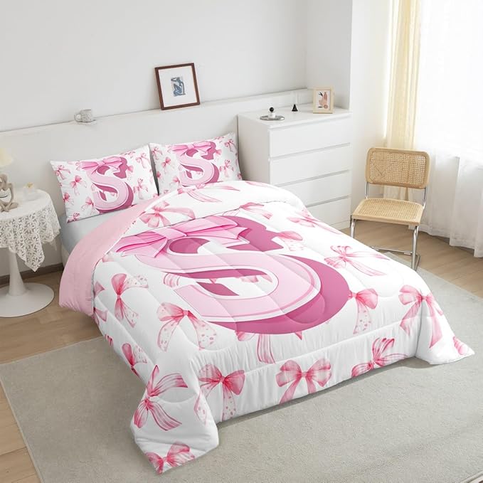 jejeloiu Kids Girls Cute Pink Bow Comforter Set Full Size Monogrammed Bedding Set Ultra Soft Personalized Initial S Duvet Quilt Coquette Bow Knot Quilt Set Room Decor Modern Fashion Comforter