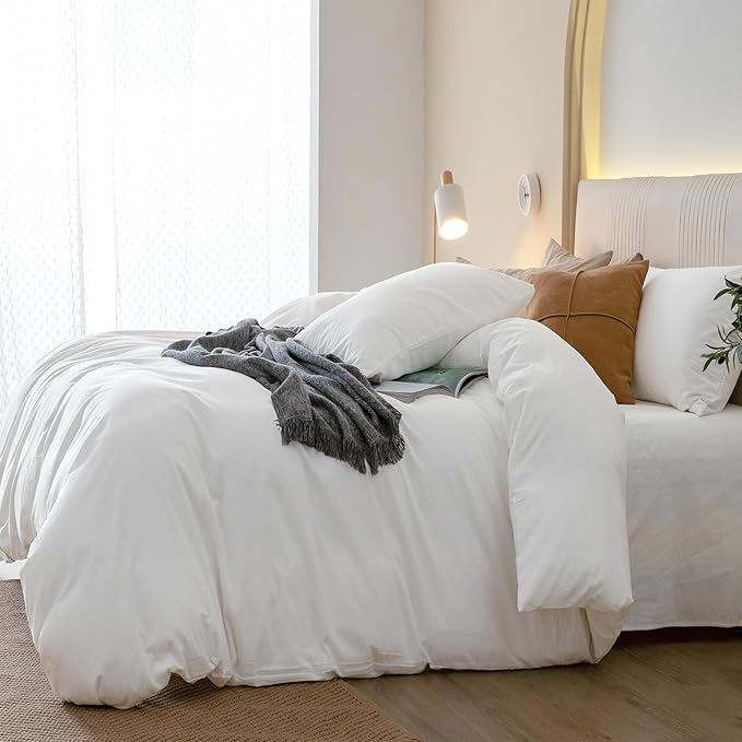 JIYUAN 100% Washed Cotton Duvet Cover Set 3 PCS Oversized King Plus, 1 Duvet Cover 128"x120"(Comforter Not Included) and 2 Pillowcases,Linen Feel Bedding Set Comfy and Breathable,Bright White