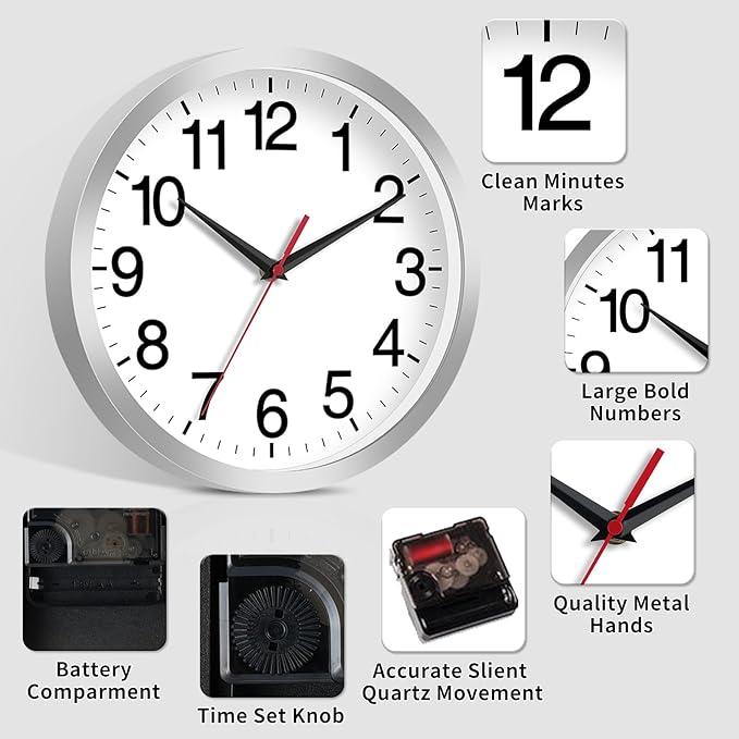 Wall Clock Modern 8 Inch Battery Operated Silent Non Ticking Small Analog Clock Decorative for Living Room Office Home Bedroom Kitchen Bathroom(Silver)