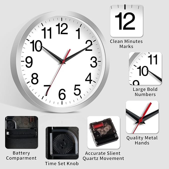 12 Inch Wall Clock Modern Battery Operated Silent Non Ticking Analog Clock Decorative for Bedroom Kitchen Bathroom Office Home Living Room (Silver)