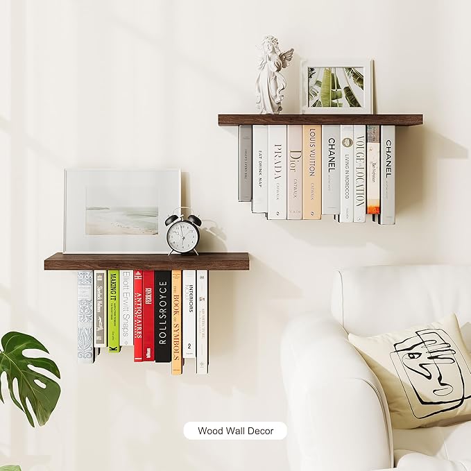 Floating Bookshelves for Wall, Rustic Wood Hanging Wall Bookshelf, Upside Down Book Shelf and Wall Mounted Bookshelves for Home Decor in Bedroom, Living Room, Carbonized, 2 Pack