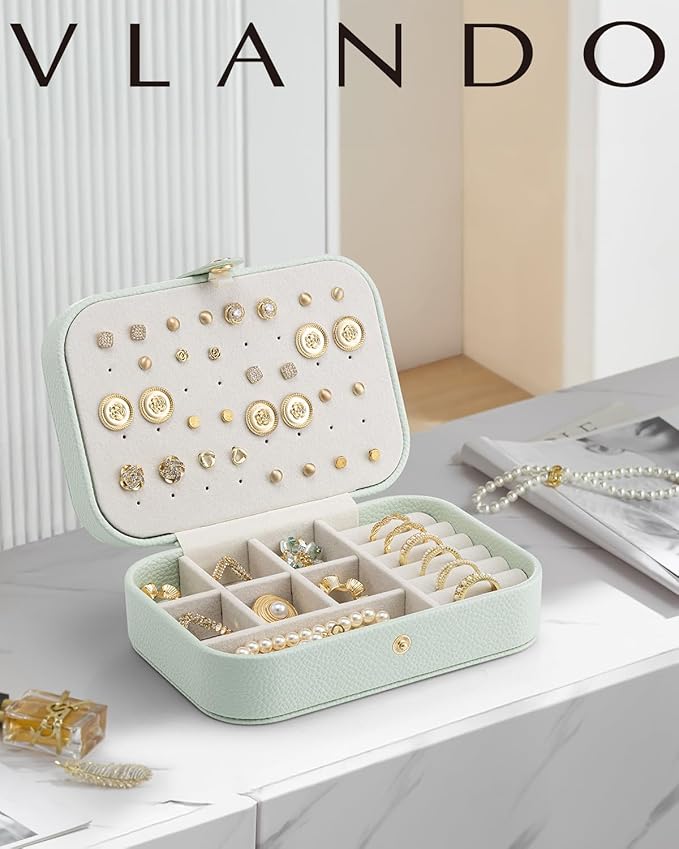 Vlando Travel Jewelry Case for Women Girls Mothers, PU Leather Portable Small Jewelry Box for Rings, Necklaces, Bracelets, Earring Holder Organizer Storage for Travel, Bridesmaid Gifts - Mint Green