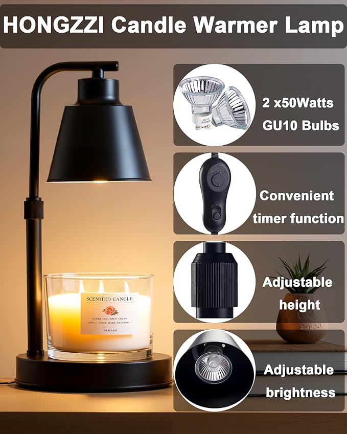 Candle Warmer Lamp with Timer - Adjustable Brightness & Height, 2 Free Bulbs Included | Wax Warmer Lamp for Jar Candles, Farmhouse & Home Decor Gift (Black)