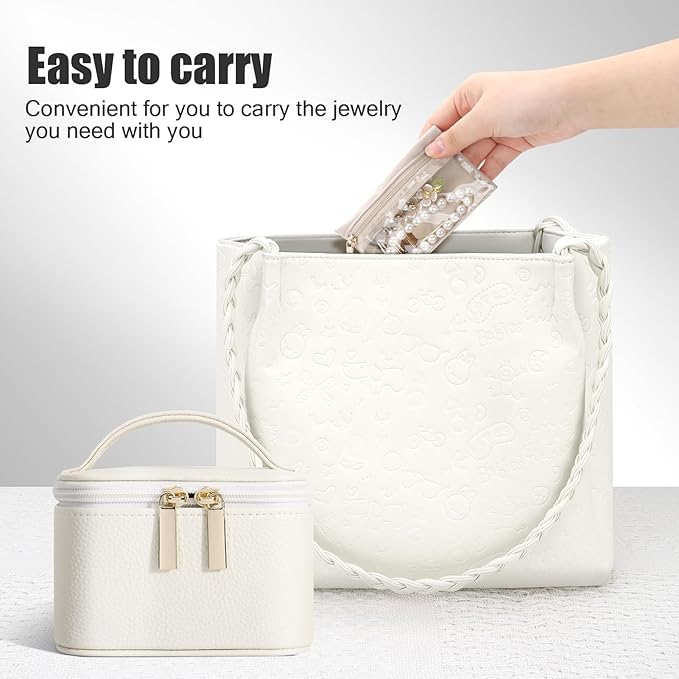 DesignSter Small Jewelry Box, Travel Small Jewelry Organizer with Earring Tray and Ring Holder, Square Travel Jewelry Storage Case with 6 Velvet Jewelry Pouches, Beige