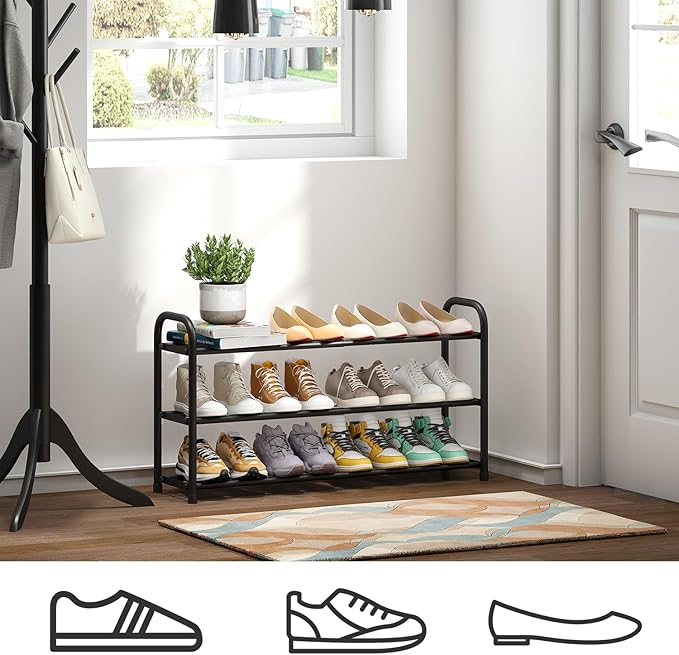 Shoe Rack for Closet, 3-Tier Expandable Shoe Organizer, Metal Adjustable Black Shoe Shelf Storage Organizer, Free Standing Shoe Rack for Entryway Closet Doorway