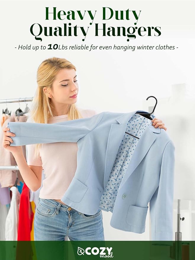 Cozymood Plastic Notched Hangers 20 Pack, Space Saving Tubular Clothes Hangers Black, Slim Non-Slip Heavy Duty Plastic Hanger for Everyday Use, Standard Closet Hanger for Shirts, Coat, Dress, Skirts