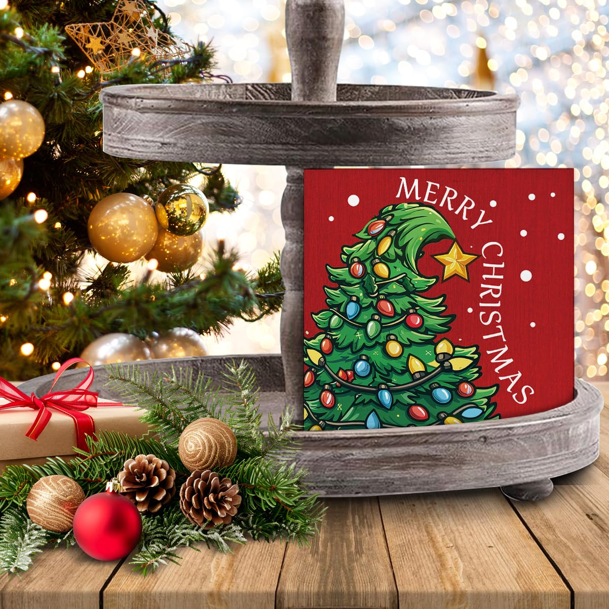Christmas Decorations - Merry Christmas Decor, Funny Xmas Tree Wooden Sign, Home Decor for Desk Table Shelf 5 X 5 Inches