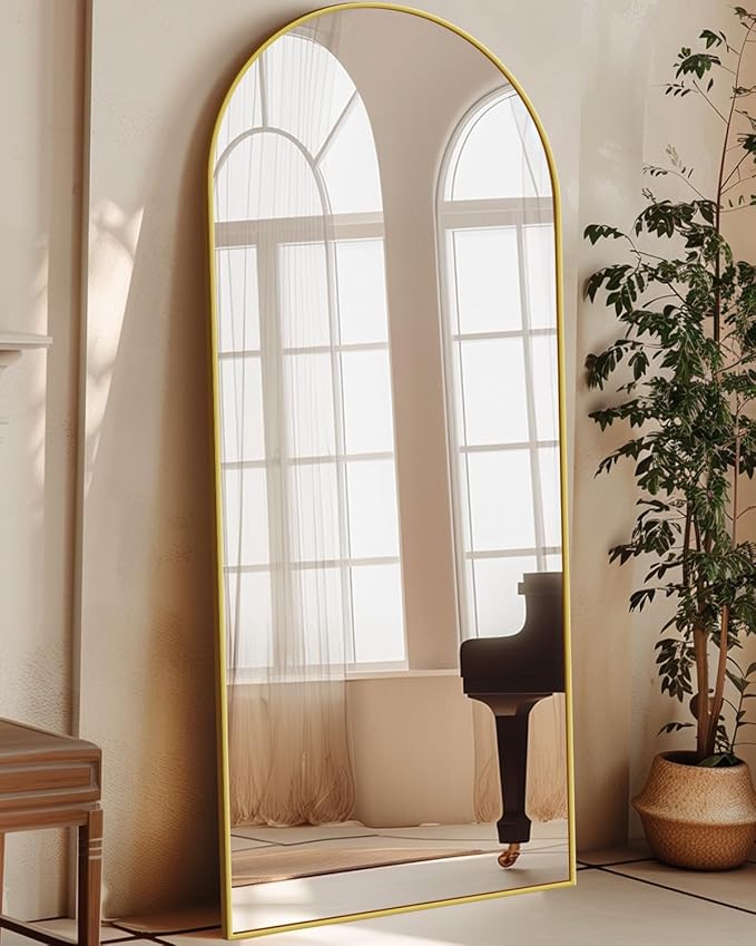 Antok Full Length Mirror, 58"x18" Floor Mirror with Stand, Hanging Mounted Mirrors for Bedroom, Living Room, Cloakroom, Dining Room, Gold, Arched