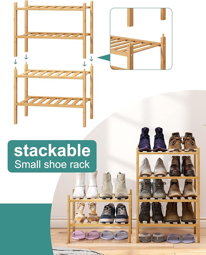 Small Shoe Rack, 4-Tier Rack for Entryway, Bamboo Wood Shoe Shelf for Closet & Hallway, Long 17 in | Beautiful | Functional | Sturdy | Durable