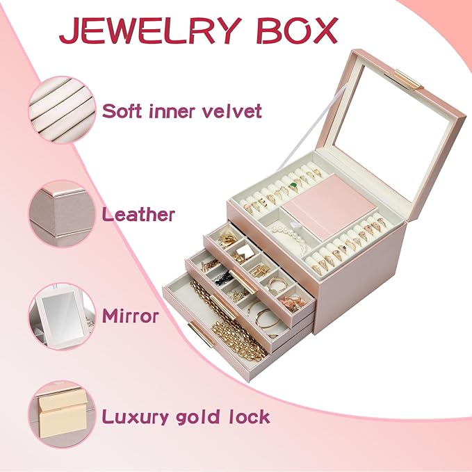 BOOVO Clear Lid Jewelry Box,3 Layers Jewelry Organizer Large Jewelry Storage Box with 2 Drawers,Jewelry Holder Organzier of Rings Earrings Necklace Bracelets for Women (Rose Gold, 4 Layer)