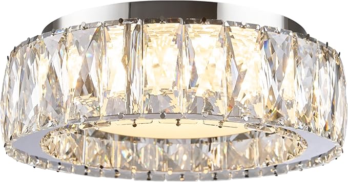 Dimmable Modern Luxury Crystal LED Flush Mount Ceiling Light,11 Inch 24W/5CCT 3000K-6000K Chrome Small Close to Ceiling Lighting Fixtures for Kitchen,Entryway,Laundry Room,Porch,Hallway
