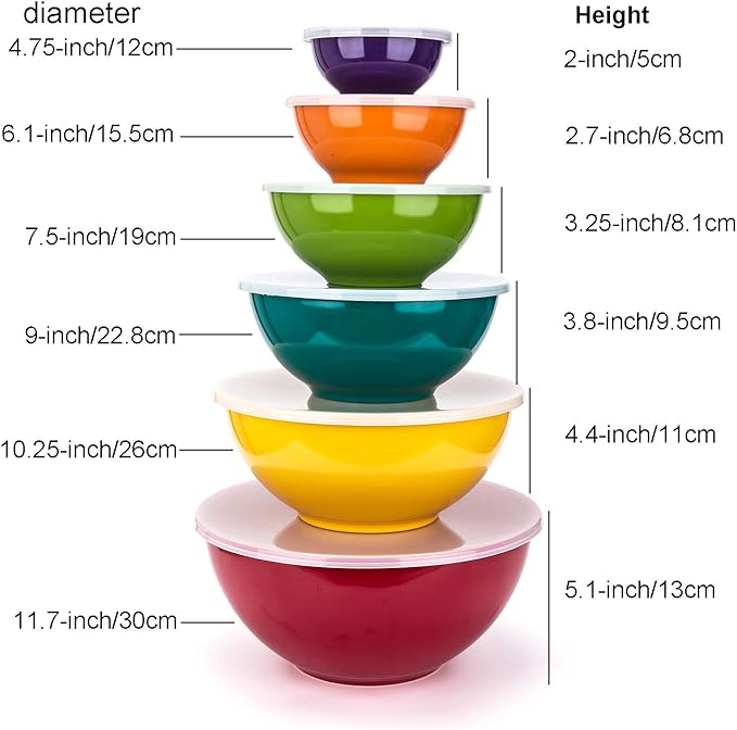 KX-WARE Melamine Mixing Bowls with Lids - 6 Piece Melamine Bowls and 6 Piece Plastic Lids, Multicolor
