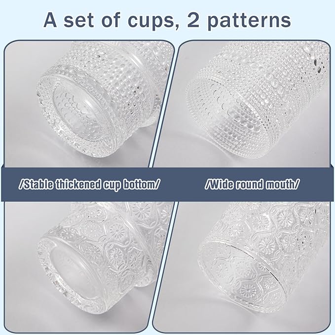 Drinking Glasses Set of 4, 16oz Textured Flower Design Cocktail Glasses, Stackable Old Fashioned Glass Cups, Vintage Glassware for a baby Shower Wedding for Kitchen and Bar - Dishwasher Clear