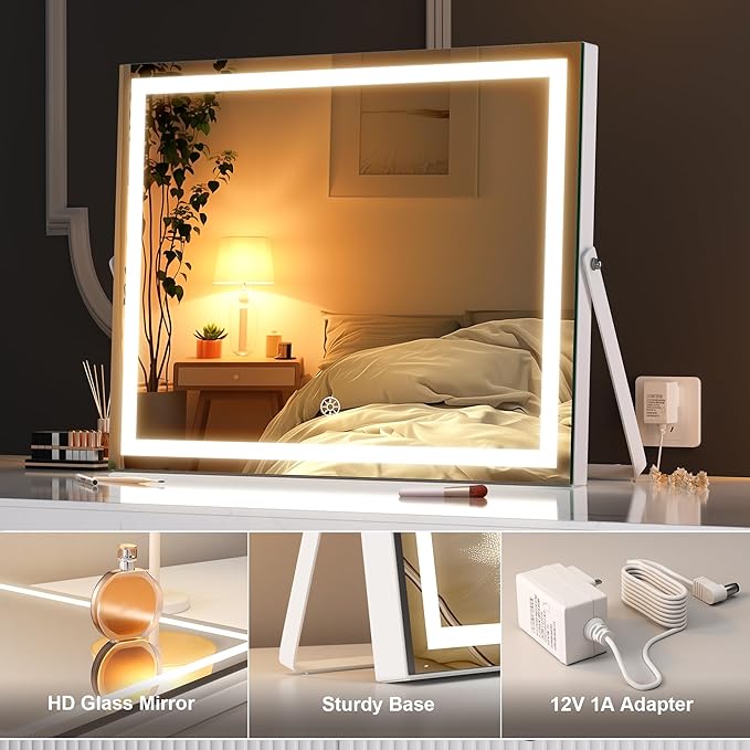 Hasipu Vanity Mirror with Lights and Bluetooth Speaker, 17.7" x 13.8" LED Makeup Mirror with 10X Magnification, Smart Touch 3 Colors Dimmable, Brightness Adjustment, 360° Rotation, White